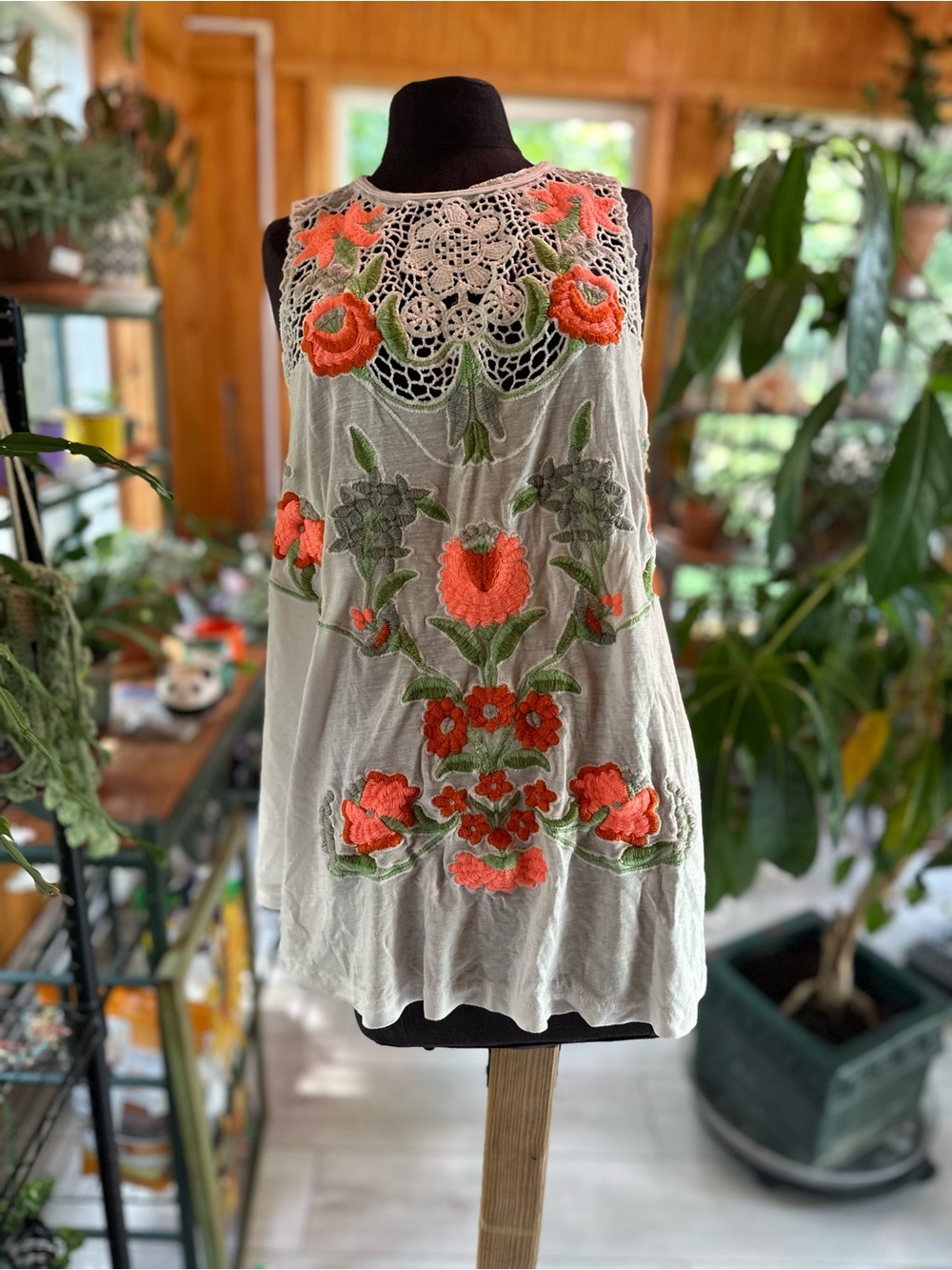 Free People White Camisole with Coral and Green Floral Embroidery